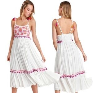 Raga Anthropologie Embroidered Midi Dress L White Tassel Boho Festival Summer